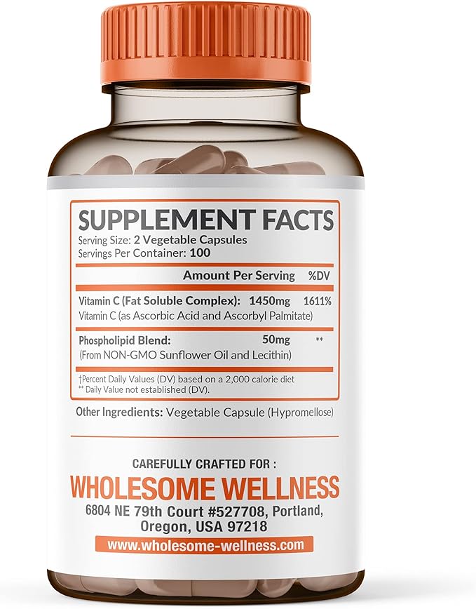 Wholesome Wellness Liposomal Vitamin C Capsules (200 Pills 1500mg Buffered) High Absorption, Immune System & Collagen Booster, High Dose Fat Soluble Immunity Support Ascorbic Acid, Natural Vegan