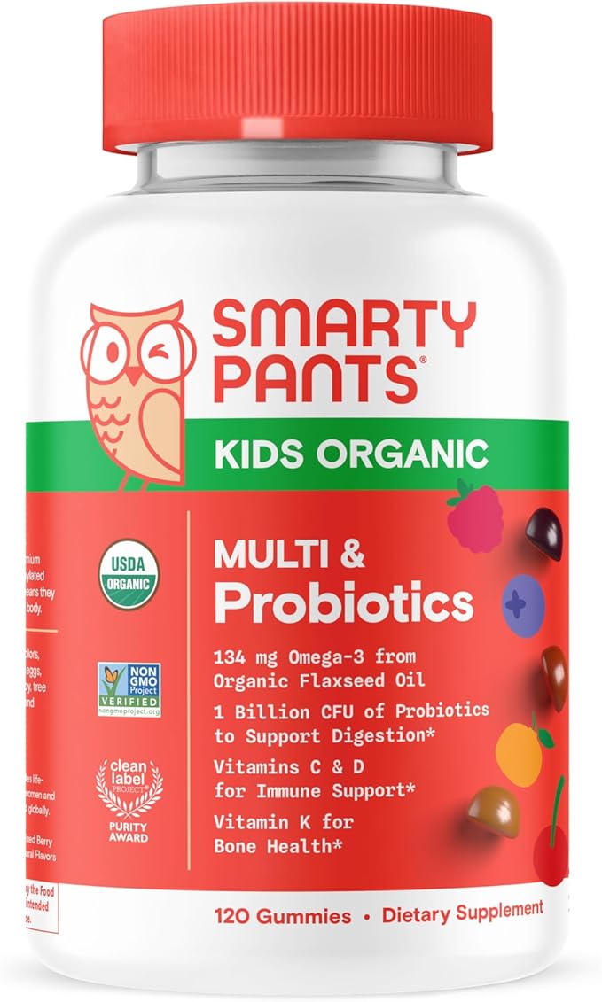 SmartyPants Organic Kids Multivitamin Gummies: Probiotics, Omega 3 (ALA), Vitamin D3, C, Vitamin B12, B6, A, K & Zinc for Immune Support, Biotin, Three Fruit Flavors, 120 Count (30 Day Supply)