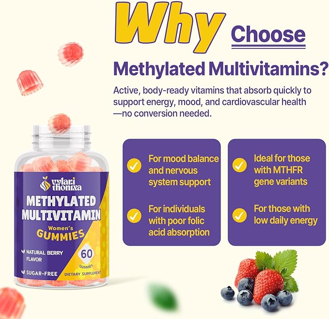 33-in-1 Methylated Multivitamin Gummies for Women – MTHFR Supplement Contains Methylated B Complex, B12 (Methylcobalamin), Folate (5-MTHF), TMG, and Vitamins A, C, E & K – 2 Pack
