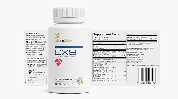 Xtendlife CX8 Heart Health Supplement- Vitamin K2 MK7, Vitamin D3, Tocotrienols, and Sea Buckthorn for Cardiovascular Health - 30 Day Supply