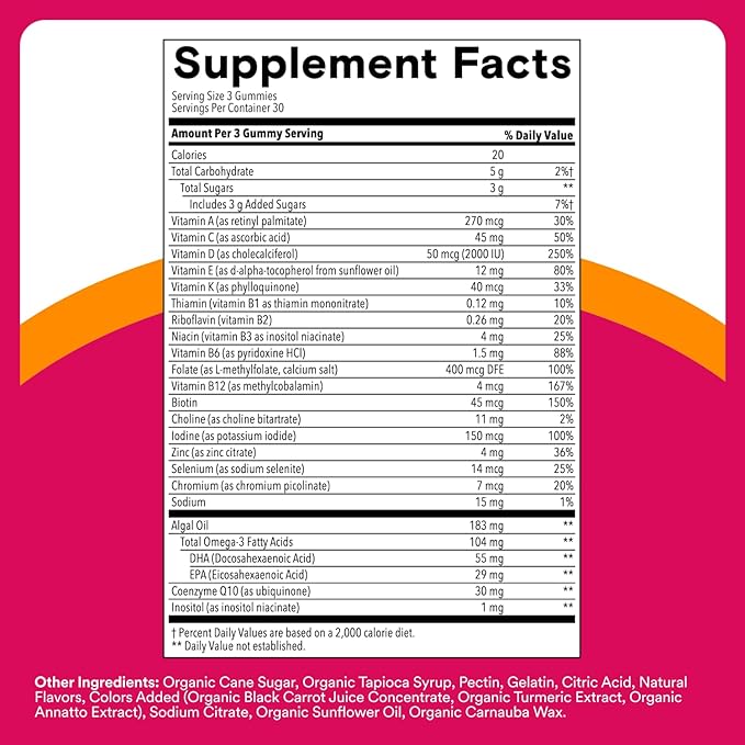 SmartyPants Women's Multivitamin Gummies - Improved Formula: Omega 3 (DHA/EPA), Methylfolate, CoQ10, Vitamin D3, C, Vitamin B12, B6, A, K & Zinc, Inositol, Gluten Free, 90 Count (30 Day Supply)