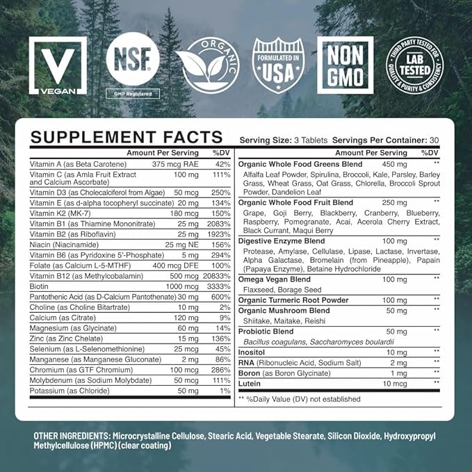 Whole Food Multivitamin for Women, Daily Multi Vitamins Supplements for Men/Mens Multivitamins + B Complex, Probiotic Multi Enzyme, Omegas for Organic Energy, Mood, Digestion 90ct