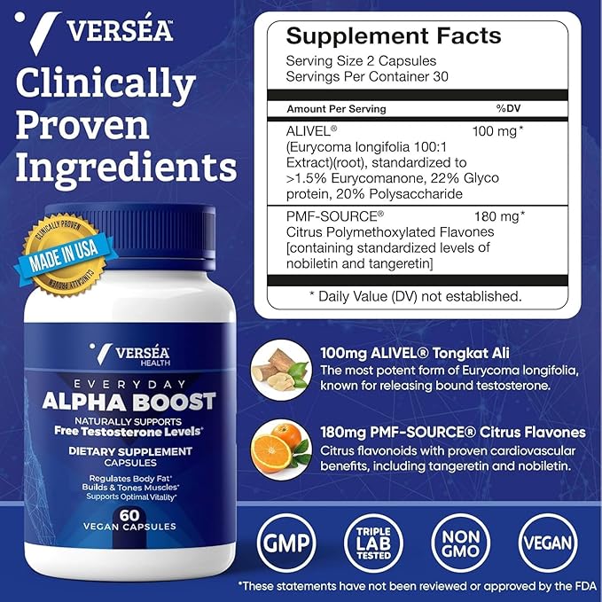 Alpha Boost โ Natural Free Testosterone Support, Energy, Stamina, Endurance & Vitality for Men & Women, Multivitamin for Healthy Aging & Performance & Utilizes VESIsorbยฎ (60 Ct)
