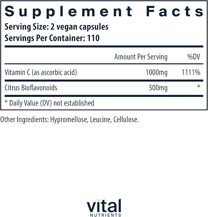 Vital Nutrients Vitamin C with Bioflavonoids | Vegan Supplement for Immune Support* | 1000mg Vitamin C and 500mg Citrus Bioflavonoid | Gluten, Dairy and Soy Free | Non-GMO | 220 Capsules