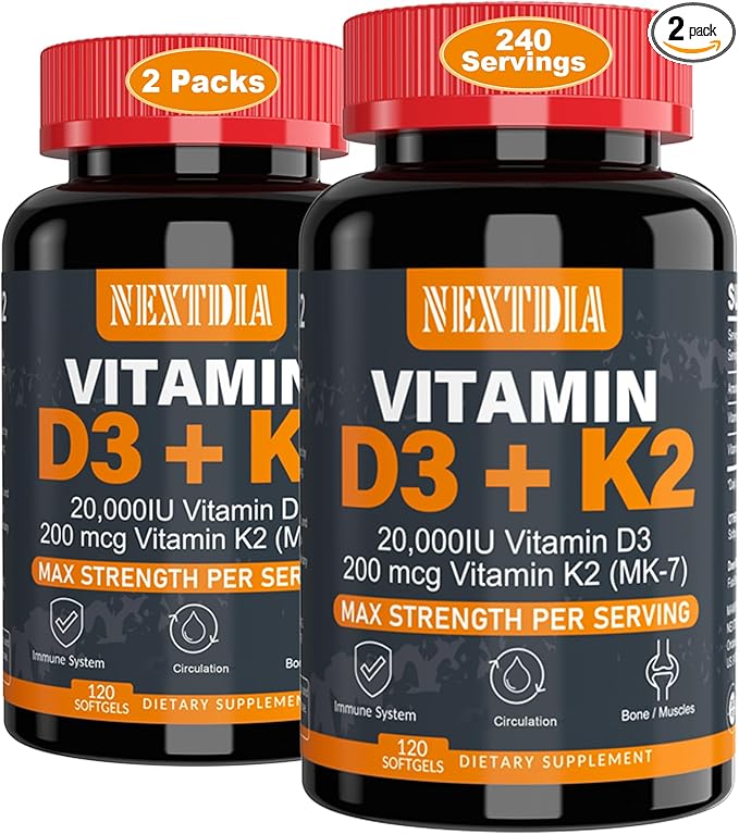Vitamin D3 20,000 IU + K2(MK7) 200mcg-Optimal Vitamin D3 & K2-Support Strong Bones & Muscle, Calcium Absorption & Immune Health, Helping Vitamin D Deficiencies, Easy to Swallow, (Pack of 2)