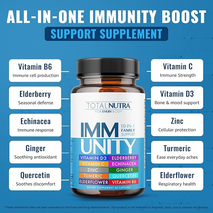 10-In-1 Immune Support Supplement: Immune Boosters for Adults & Kids Daily Immunity Defense with Key Immune System Vitamins Zinc, Vitamin C and D, Plus Elderberry, Quercetin, Echinacea & More, 60 Caps