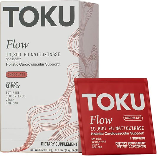 Toku Flow, Functional Daily Powder with 10,800 FU Soy-Free Nattokinase, Vitamin K2 MK7 & Oat Beta Glucan, Plant-Based Formula, Chocolate Flavor, 30 Packets