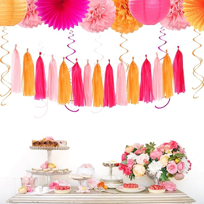 Hot-Pink Orange 21st Happy-Birthday Party-Decorations - 31pcs Sweet 16 18th Women Girls Paper Lanterns Streamers Banner,Tissue Pom Poms Fans Tassels Graland Decor,Fall Boho Backdrop Supplies Hugmoon