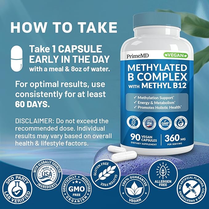 Methylated B Complex with Methylfolate and B12 Methylcobalamin 1000 mcg - Methylated Multivitamin for Energy, Brain Function, and Wellness - Vitamin B Complex for Men & Women (360 Servings, Pack of 4)