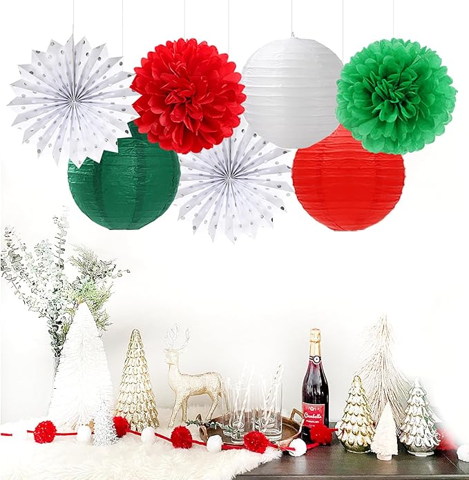 Red Green-White Christmas Party Decorations - 20pcs Mexican Italian Paper Lanterns Fans,Tissue Pom Poms,Honeycomb Balls,Bunting,Birthday Mexico Italy Baby Shower Wedding Decor Burgleda