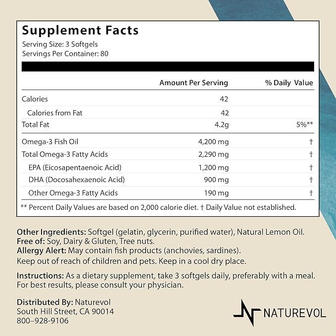 Triple Strength Omega 3 Fish Oil 4200mg - Lemon Flavored | EPA & DHA Fatty Acids | 1200mg EPA + 900mg DHA | Deep Sea Fish | Burpless Fish Oil Supplement - 240 Softgels
