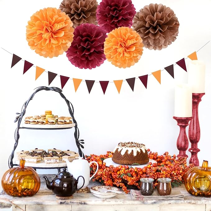 Brown Burgundy Orange Party-Decorations - 23pcs Fall Autumn Thanksgiving Harvest Paper Tissue Pom Poms Streamers,Rustic Boho Wedding Tassel Garland Banner,Birthday Baby Shower Decor Lasting Surprise