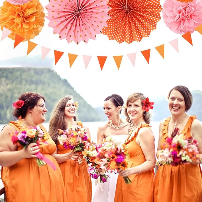 Pink-Orange Groovy Party-Decorations - 20pcs Fall Autumn Thanksgiving Harvest Paper Streamers Lanterns Fans,Tissue Pom Poms,Honeycomb Balls,Bunting,Birthday Baby Bridal Shower Wedding Decor Burgleda
