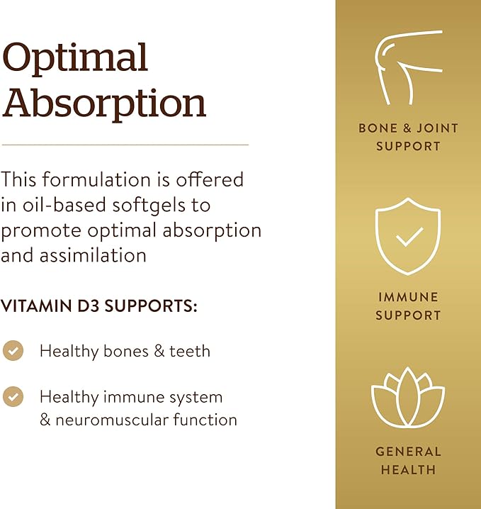 Solgar Vitamin D3 (Cholecalciferol) 125 MCG (5000 IU), 100 Softgels - Helps Maintain Healthy Bones & Teeth - Immune System Support - Non GMO, Gluten-Free, Dairy Free - 100 Servings