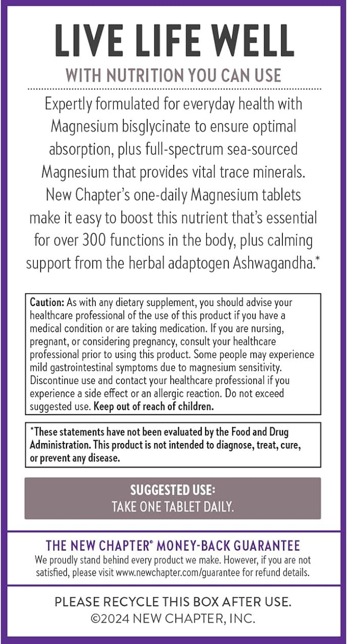 New Chapter Magnesium + Ashwagandha Supplement, 325 mg with Magnesium Glycinate, 2.5x Absorption, Muscle Recovery, Heart & Bone Health, Calm & Relaxation, Gluten Free, Non-GMO - 60 ct (2 Month Supply)