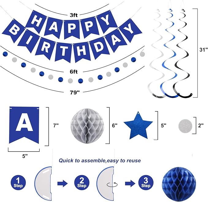meowtastic Birthday Decorations, Happy Birthday Banner with Honeycomb Balls, Star Hanging Swirl Streamer, Circle Dot Garland, Happy Birthday Party Decorations for Women Men Boys Girls (Blue & Silver)