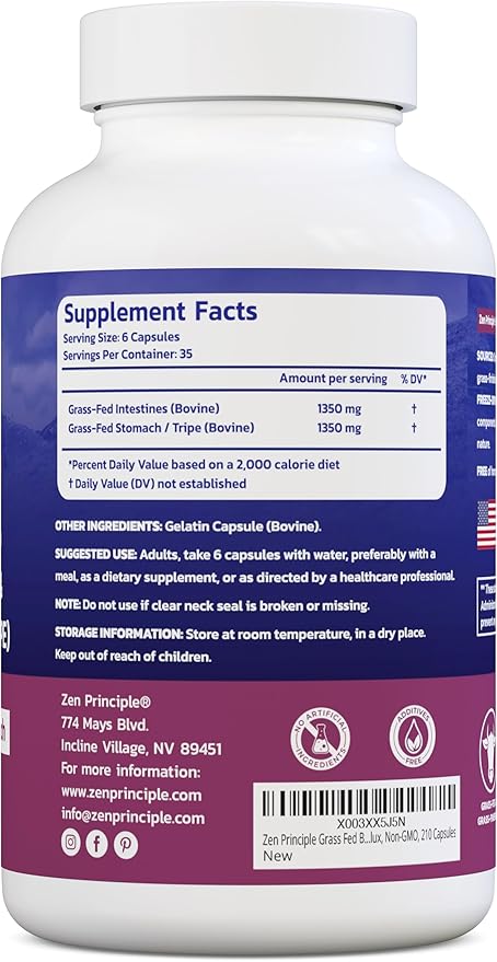 Zen Principle Grass Fed Beef Intestines with Stomach (Tripe) Supplement, Supports Digestive Health and Gut Balance, Supports Acid Reflux Balance, Natural Intestine Wellness, 2-Pack, 420 Capsules.