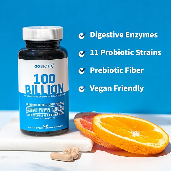 GOBIOTIX 100 Billion - Digestive Enzymes Supplement - Probiotics Multivitamin - Prebiotic Fiber Blend - 100 Billion CFU - Organic Fruit and Greens Blend - Vegan, Non GMO - 30 Capsules