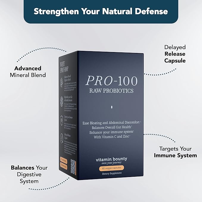 Vitamin Bounty Pro-100 Probiotic 100 Billion CFU - 13 Strains for Digestive Health & Immune Support - High Potency Probiotics for Women & Men - Delayed Release Capsules for Gut Health - 60 Count