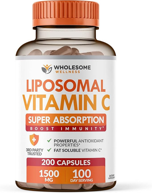 Wholesome Wellness Liposomal Vitamin C Capsules (200 Pills 1500mg Buffered) High Absorption, Immune System & Collagen Booster, High Dose Fat Soluble Immunity Support Ascorbic Acid, Natural Vegan