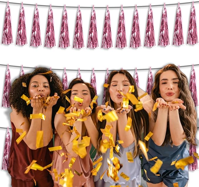 3P Metallic Fringe Tassel Banner Garland Foil Tinsel Streamer Wall Hanging Curtain Backdrop Banner for Parade Floats, Graduation Decorations, Wedding Party Decoration(Pink)