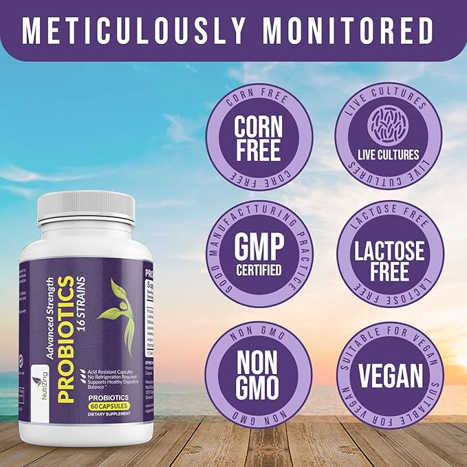 NutriZing Vegan Probiotics for Digestive Health - 30 Billion CFU & 16 strains - Bifidobacterium & Lactobacillus Probiotics for Men & Women - Delayed Release Probiotic Gut Health Supplement