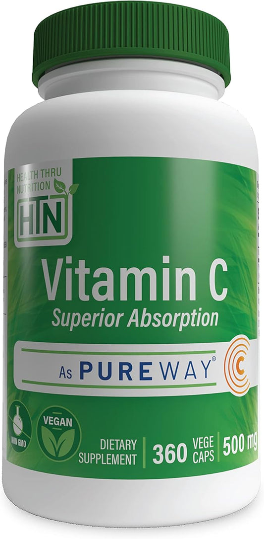 Health Thru Nutrition Vitamin-C 500mg as PureWay-C 360 Vegecaps Superior Absorption | Healthy Immune Function and Collagen Support | 3rd Party Tested | Vegan, Non-GMO and Gluten Free