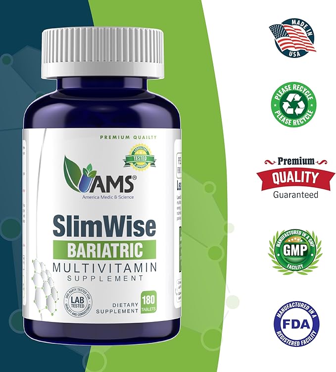 America Medic & Science SlimWise Bariatric Multivitamin – 180 Caplets | 2-Month Supply | Post Gastric Bypass & Sleeve Support | Iron, B12, Vitamin D3, Folate | Easy-to-Swallow Bariatric Vitamins