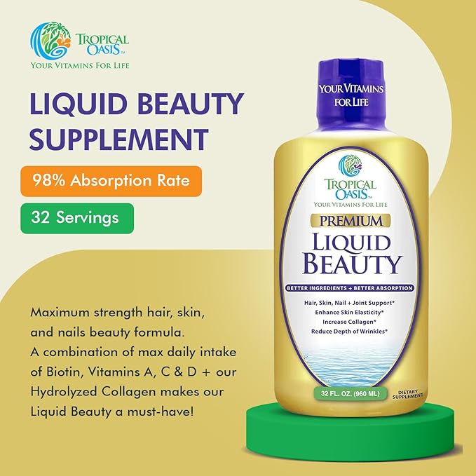 Tropical Oasis - Liquid Beauty | Supplement for Hair, Skin, & Nail Growth - Biotin + Hydrolyzed Collagen (32 Servings)