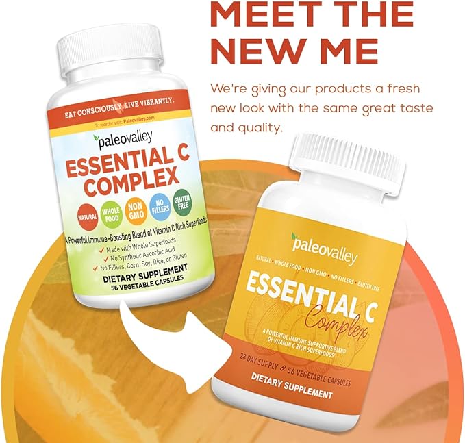 Paleovalley Essential C Complex - Vitamin C Supplement for Immune Support - 1 Pack, 450mg - Organic Superfoods Unripe Acerola Cherry, Camu Camu, Amla Berry - No Synthetic Ascorbic Acid - USA Made