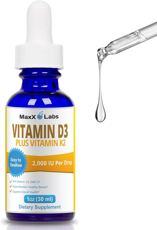 Vitamin D3 K2 Liquid Drops - Liquid Vitamin-D3 2000 IU Per Drop with K2 Supplements for Adults & Kids - VIT D for Healthy Bones, Heart & Immune Health - Vitamin D K2 MK7 Dropper 1 Oz
