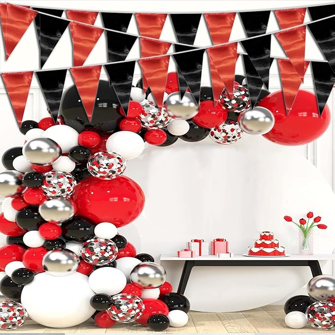 130FT Red Black Triangle Pennant Banner Flag Metallic Fabric Bunting Garland for Christmas Graduation Bachelorette Anniversary Birthday Engagement Wedding Anniversary Casino Party Decorations Supplies