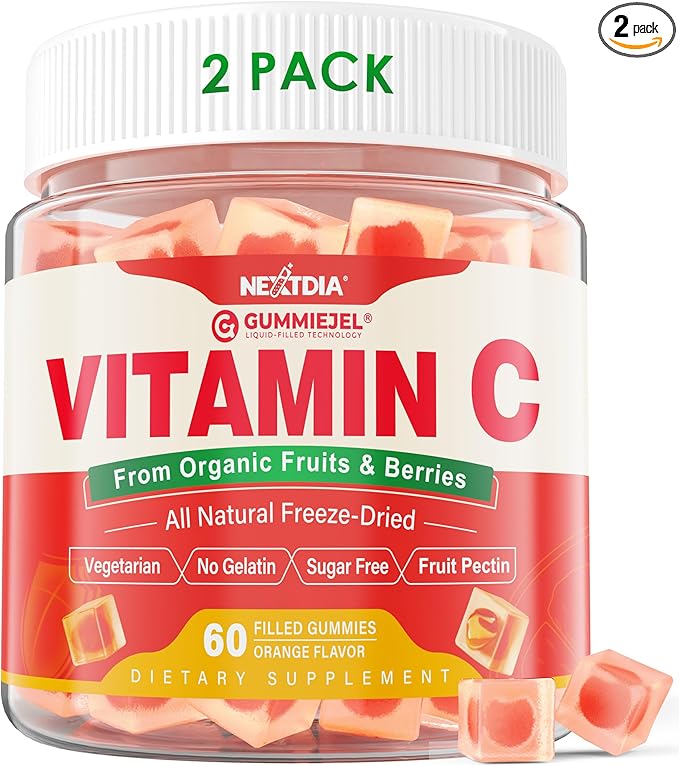 2 Pack - Organic Vitamin C Gummies 120mg for Adults, Sugar Free, Daily Immune Defense, Raw Antioxidant, 100% Whole Food Chewable Vitamin C Supplement from 1200mg Berries & Fruits for Collagen, Vegan