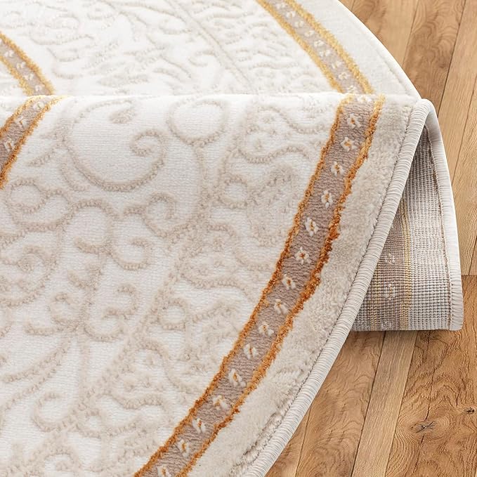 Antep Rugs Babil Gold 5x5 Oriental Bordered High Low Textured Traditional Indoor Area Rug, Beige Gold, 5'3" Round