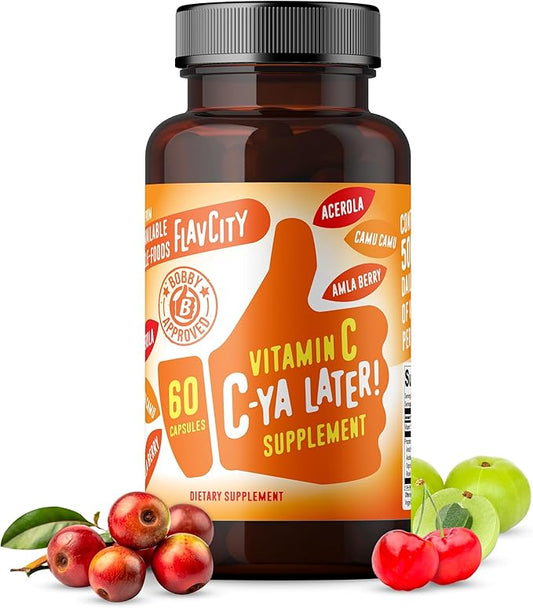 FlavCity Vitamin C Supplement, C-Ya Later! Superfood-Derived Immunity Support - Bioavailable Vitamin C Immune Support from Acerola Cherry, Rose HIPS & Camu Camu - 500% Daily Value (60 Capsules)