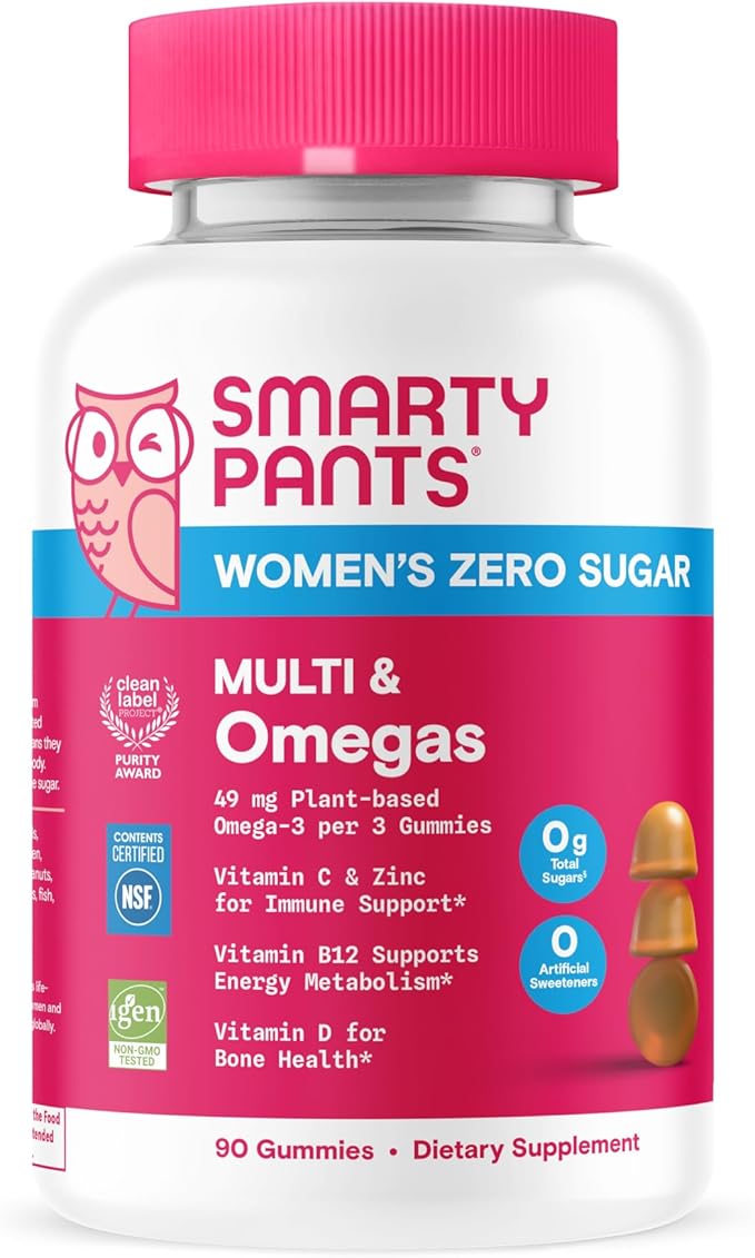 SmartyPants Zero Sugar Women’s Multivitamin Gummies: Biotin, Methylfolate, Omega 3 (ALA), Vitamin D3, C, Vitamin B12, B6, A, K, Zinc, Inositol, Gluten Free, No Sugar Alcohols, 90 Count (30 Day Supply)