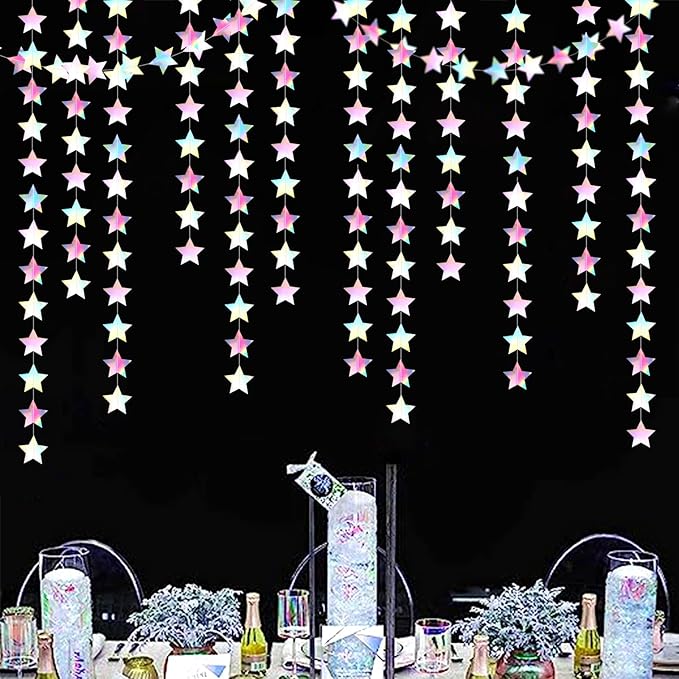 Iridescent Disco-Holographic Party-Decorations Christmas Garland - 62ft Twinkle Little Star Streamers Hanging Banner,Wedding Birthday Bachelorette Baby Bridal Shower Decor Hugtmr