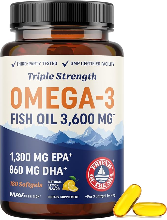 Triple Strength Omega 3 Fish Oil 3600 mg | EPA & DHA | Over 2100mg Omega-3 Fatty Acids | 1300mg EPA + 860mg DHA | Best Essential Fatty Acids | Premium Wild Caught & Burpless Fish Oil | 180 Ct