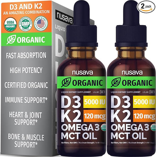 (2 Pack) Organic Vitamin D3 K2 Drops with MCT Oil, Omega 3, 5000 IU - Vitamin D Liquid, No Fillers, Non-GMO D3 for Body’s Defenses and Faster Absorption, Unflavored, 2 Fl Oz