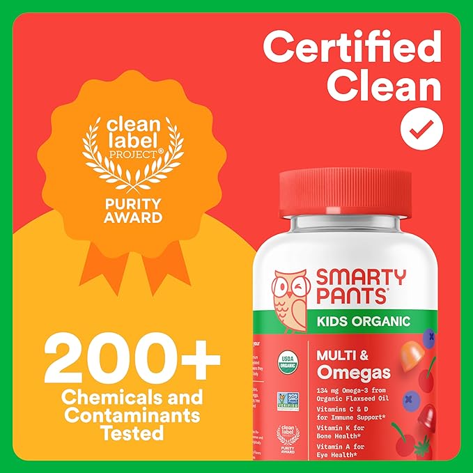 SmartyPants Organic Kids Multivitamin Gummies: Omega 3 (ALA), Vitamin D3, C, Vitamin B12, B6, A, K & Zinc for Immune Support, Biotin, Vegetarian, Three Fruit Flavors, 120 Count (30 Day Supply)