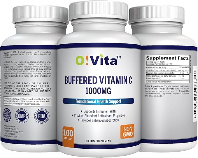 Buffered Vitamin C 1000mg for Support of Immune Health, 100 buffered Non-GMO Tablets, 100-day Supply