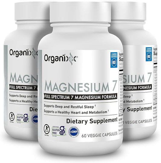 Organixx Magnesium 7 Supplement, Natural Magnesium Capsules for Sleep Support, Muscle Recovery, with Vitamin B6 and Manganese Citrate and Glycinate, Vegan, Non GMO, 180 Count (60 Capsule 3 Pack)
