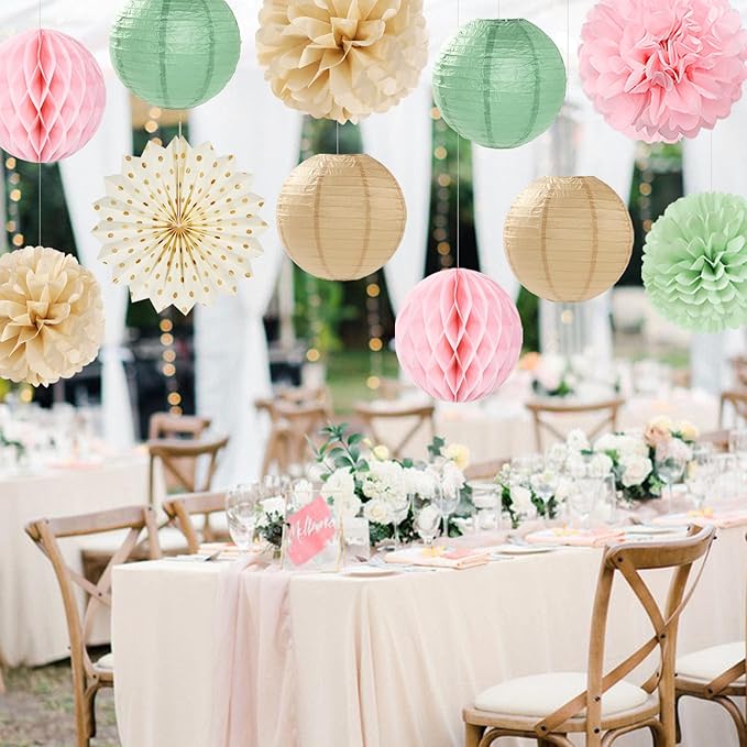 Sage-Green Pink-Champagne Party-Decorations Streamers Lanterns - 14pcs Neutral Baby Shower Paper Fan,Tissue Pom Poms,Honeycomb Balls,Boho Wedding Engagement Bachelorette Birthday Bridal Decor Ouruola