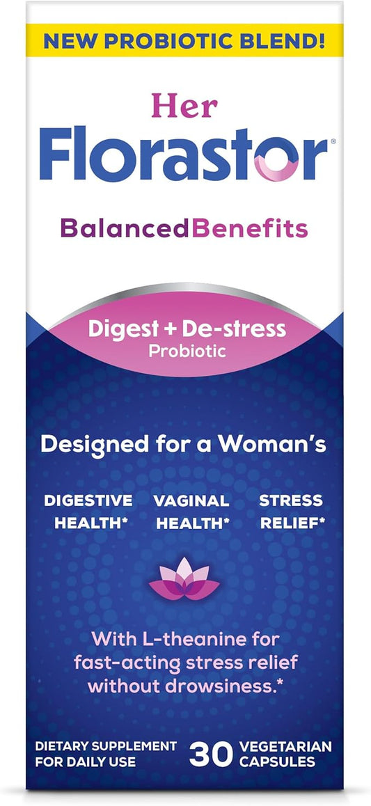 Florastor Her Digest and De-Stress Women's Probiotic and Stress Relief Supplement, Probiotics for Digestive Health, Vaginal Probiotics, and L-Theanine for Mind and Body Wellness, 30 Capsules