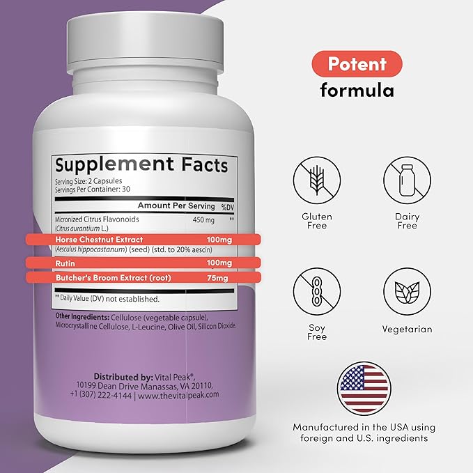 Vein Care Blend - Circulation & Vein Support Supplements - with Rutin, Horse Chestnut Extract, Butcher's Broom & Micronized Citrus Flavonoids - Vegetarian, Non GMO, Gluten Free - 60 Capsules