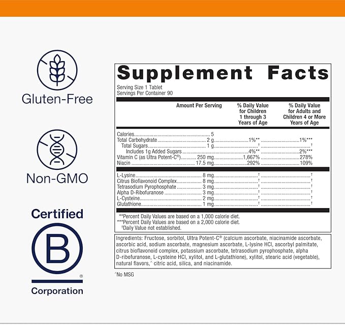 Metagenics Ultra Potent-C Chewable - 250 mg Buffered Vitamin C with Bioflavonoids, L-Lysine & L-Cysteine - Immune & Antioxidant Support - Non-GMO, Gluten-Free - Natural Orange Flavor - 90 Tablets