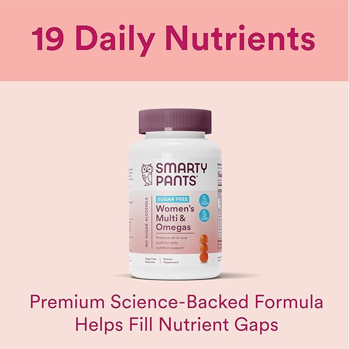 SmartyPants Women's Multivitamin Gummies, Sugar Free: Biotin, Methylfolate, Omega 3 (ALA), Vitamin D3, C, Vitamin B12, B6, A, K & Zinc, Inositol, Gluten Free, 60 Count (20 Day Supply)