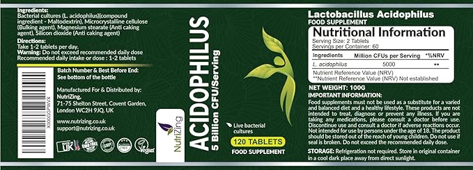 NutriZing High Strength Lactobacillus Acidophilus 5bn CFU/Serving