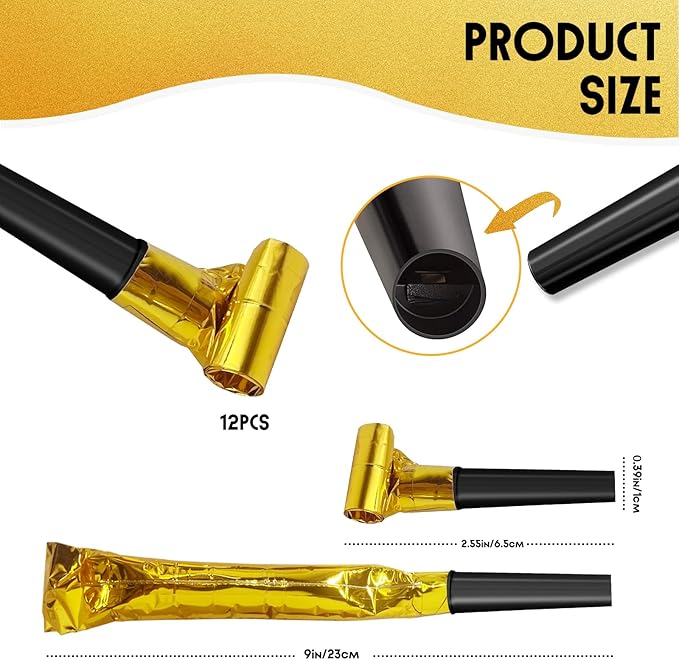 New Years Eve Party Supplies 2026-12-Pack Mini Gold Party Blowers | Extends to 9 Inches with 2.5 Inch Handle | Fun Noisemakers & Whistles for Birthday, Celebration Favors & Kids Party