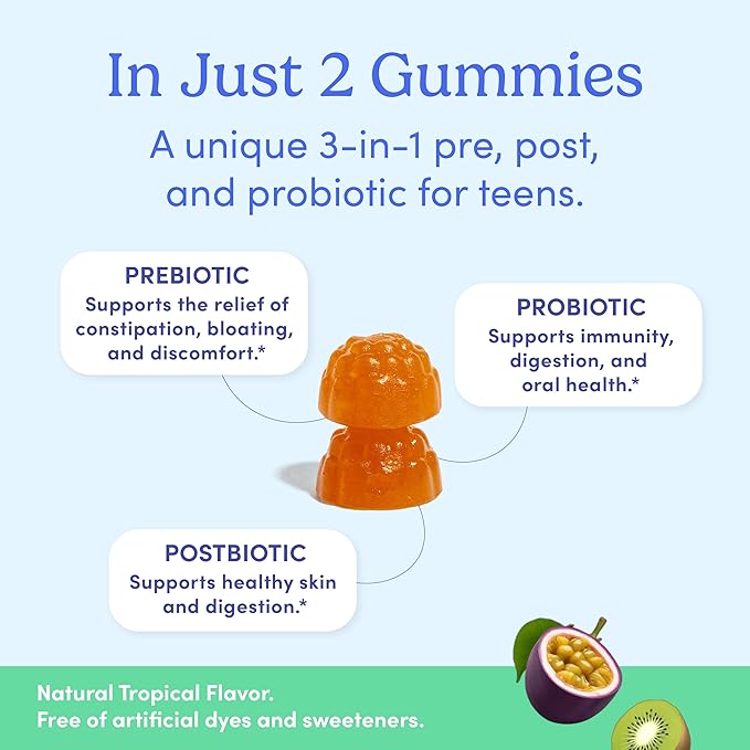 FIRST DAY Vitamins for Teens 3-in-1 Probiotic Gummies - Prebiotic + Probiotic + Postbiotic for Teens Girls & Boys 12-17 – Skin Health, Digestive & Oral Health, Immunity, Energy – 30-Day Supply